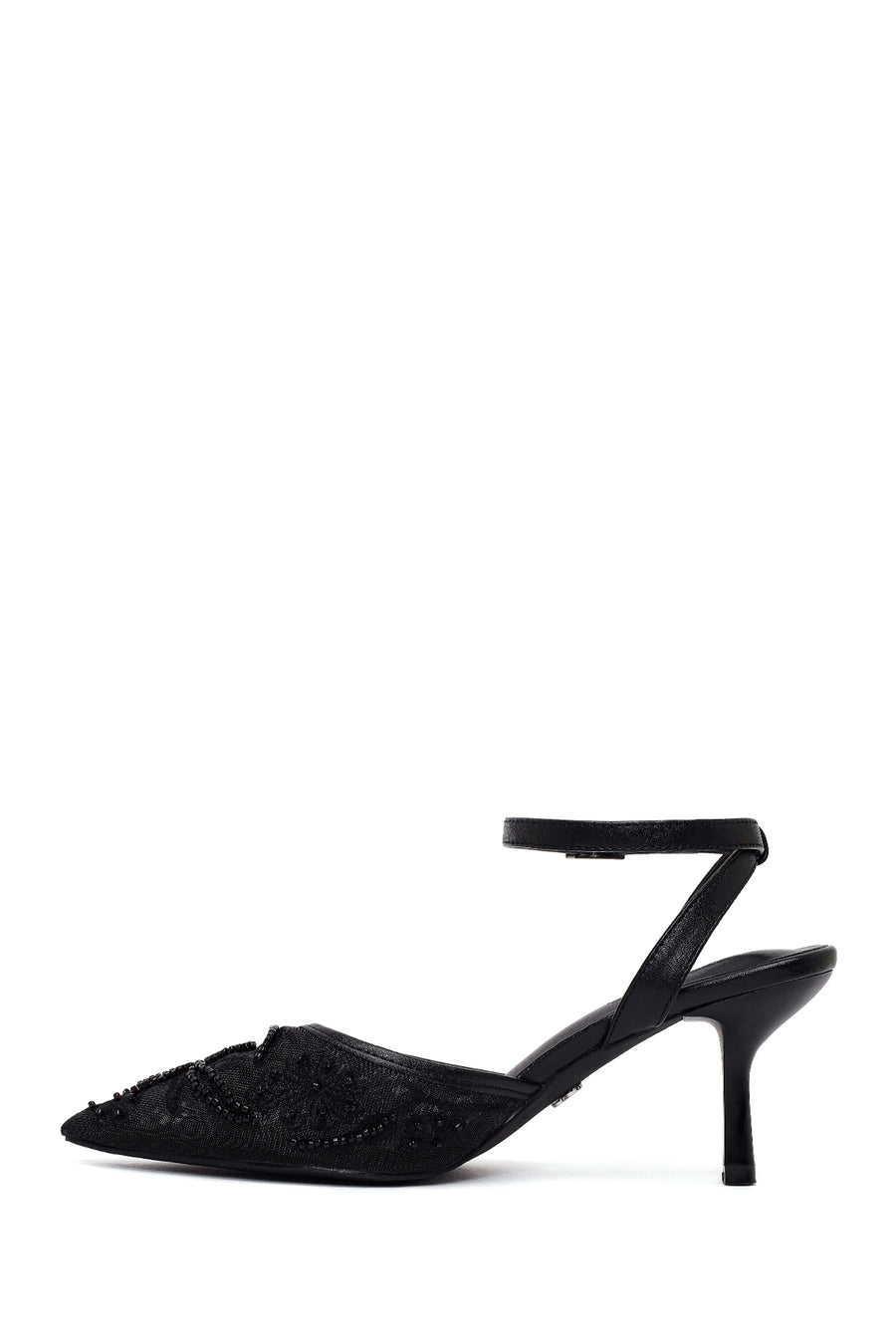 Woman Black Ankle-Buckle Floral Embroidered Open-Back Thin High Heel