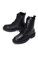 Women's Black Leather Zippered Boots Flat Boots | Derimod