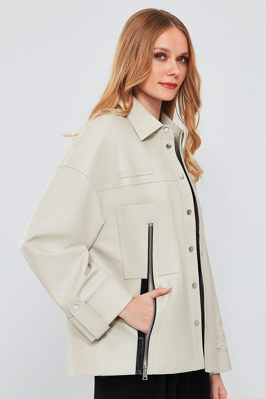 Farrah Women's Beige Oversize Leather Jacket