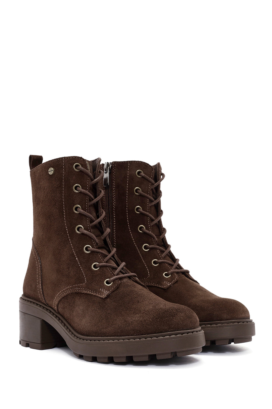 Women's Brown Zippered Thick Heel Nubuck Leather Boots