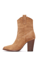 Women's Tan Suede Leather Cowboy Heeled Boots | Derimod