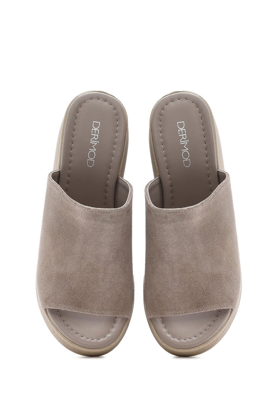 Women's Gray Wedge Heeled Suede Leather Slippers