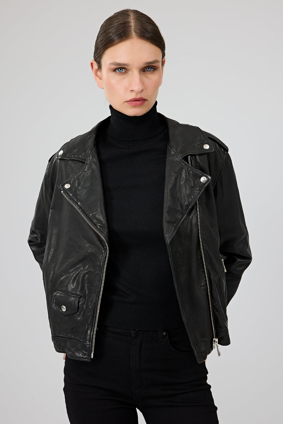 Blondy Women's Black Double Breasted Leather Jacket