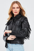 Luna Women's Black Tassel Detailed Leather Jacket | Derimod