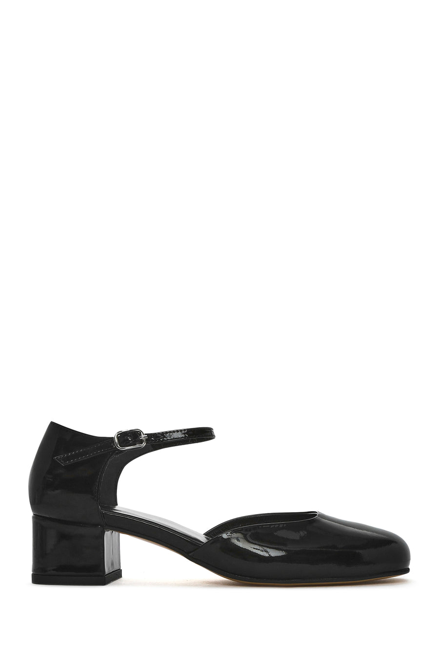 Women's Black Ankle Buckle Low Thick Heel Patent Leather Shoes 26PFD140316 | Derimod