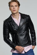 Speedy Men's Black Biker Leather Coat | Derimod