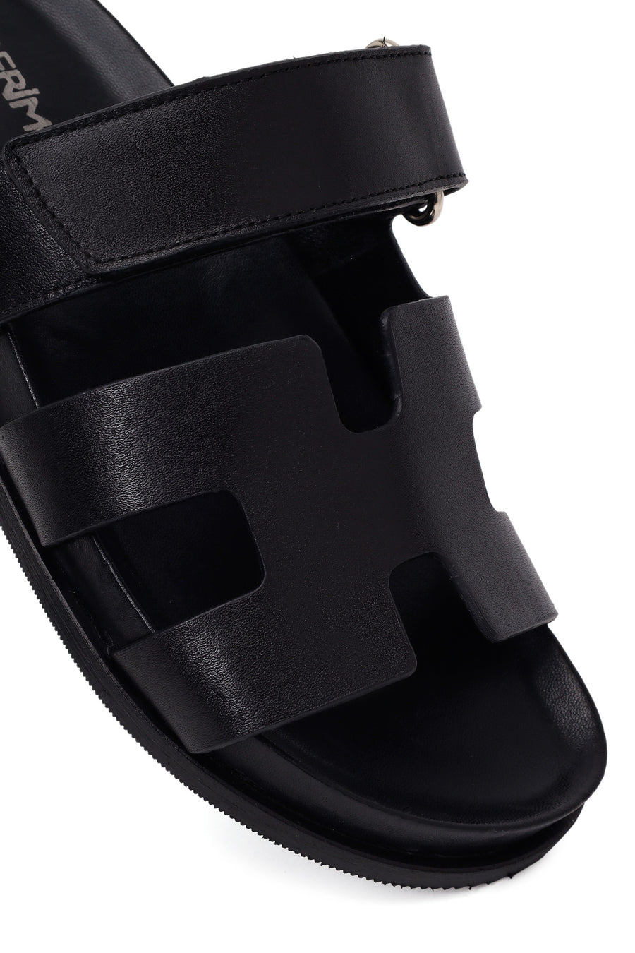 Woman Black Strap Thick Sole Leather Slipper