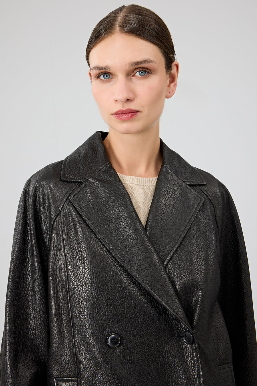 Wendy Women's Black Double Breasted Long Leather Jacket