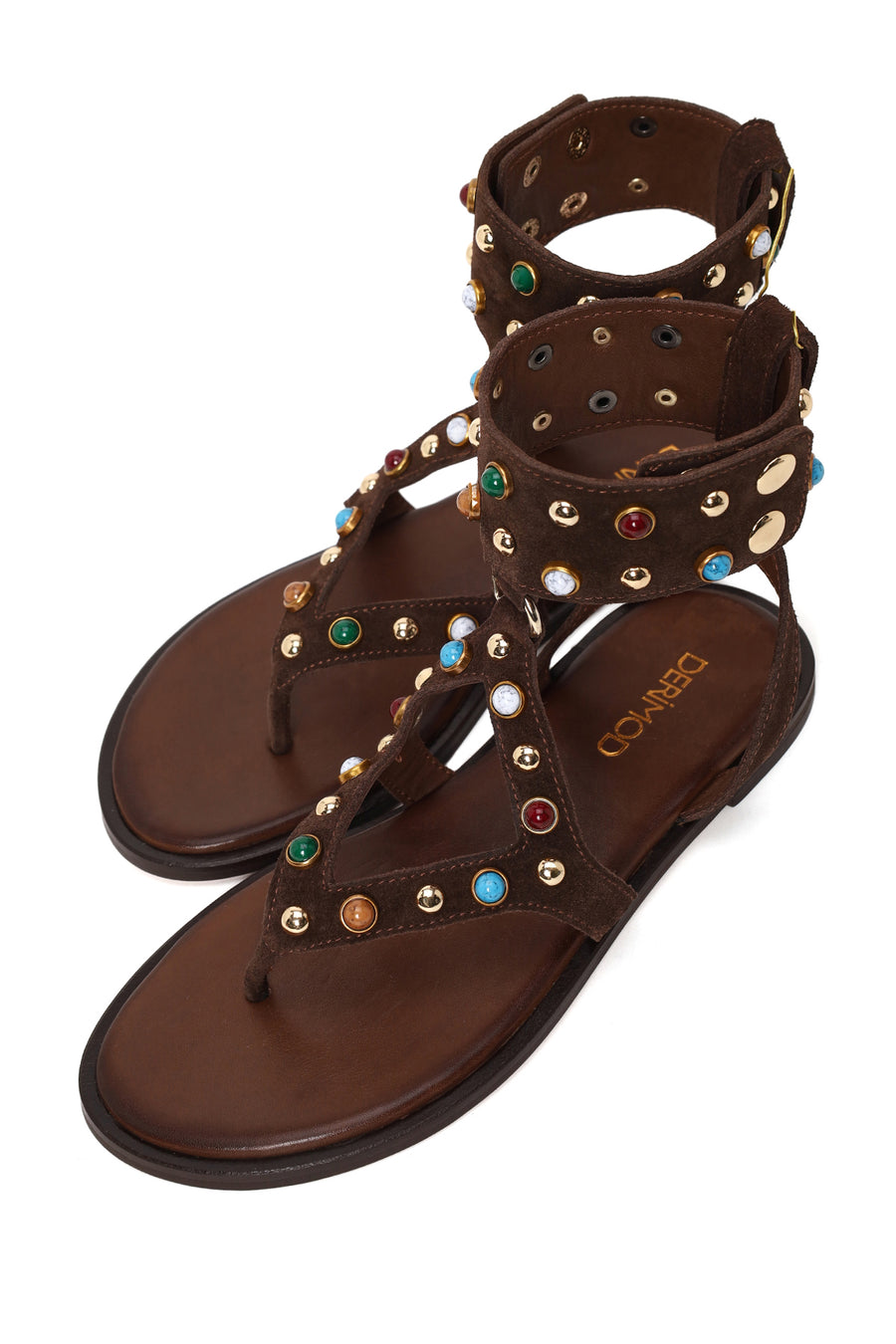 Woman Brown Embellished Toe-Post Suede Leather Sandals