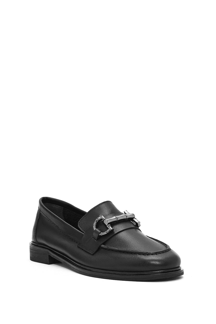 Women's Black Buckle Detailed Leather Masculine Loafer