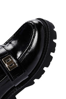 Women's Black Leather Thick Soled Patent Leather Casual Loafer | Derimod