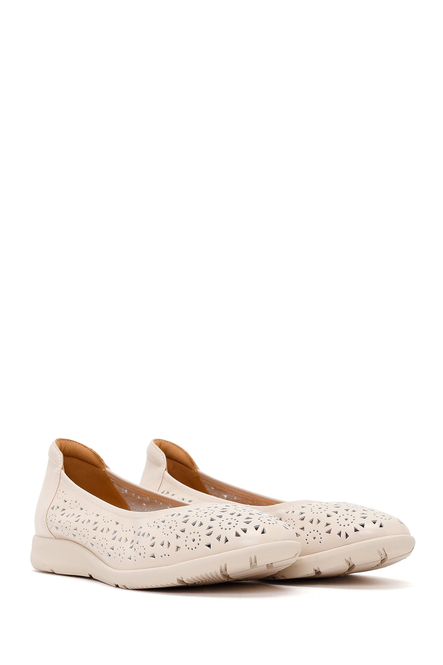 Women's Cream Patterned Leather Ballet Flats