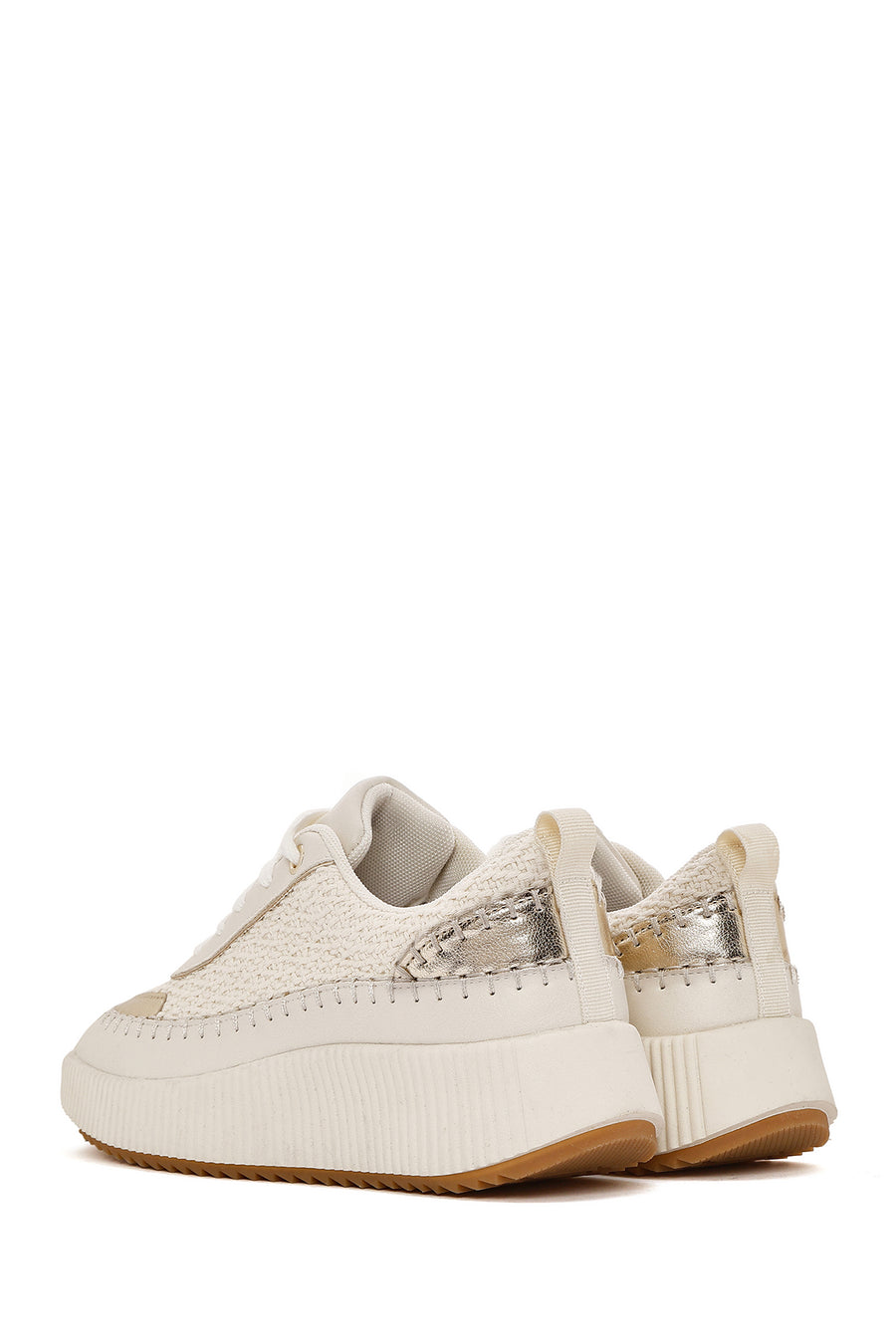 Women's Beige Lace-Up Thick-Sole Knitted Sneakers