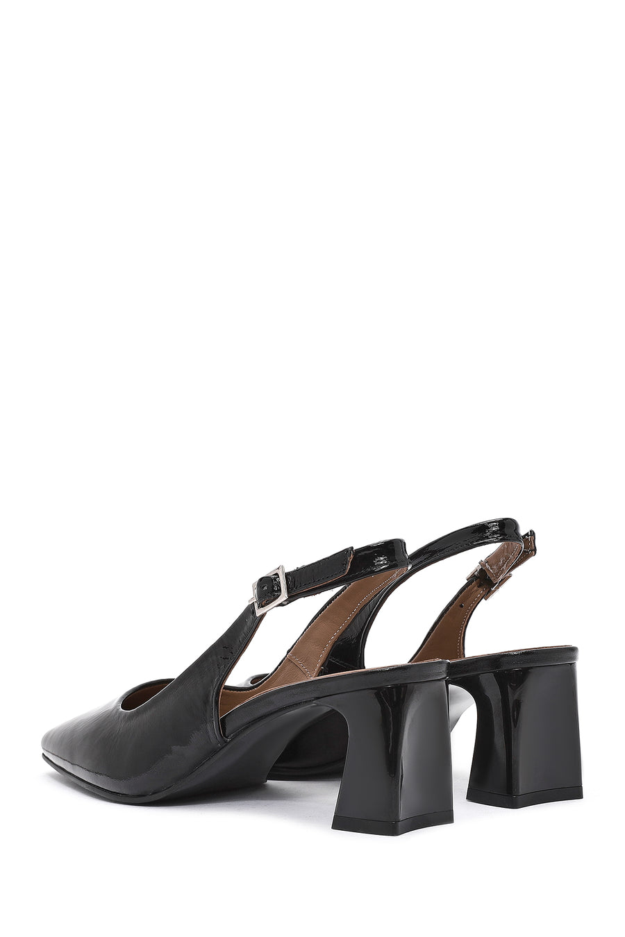 Women's Black Ankle Buckle Slingback Heeled Patent Leather Shoes