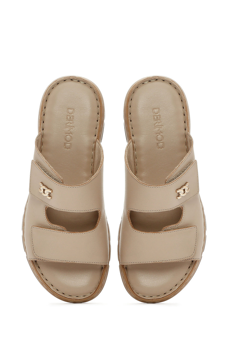 Women's Beige Double-Strap Leather Comfort Slippers
