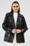 Adriana Women's Black Double Collar Leather Jacket | Derimod