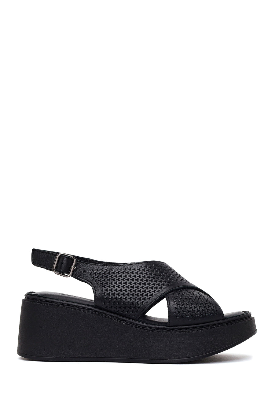 Woman Black Ankle-Buckle Wedge-Heel Leather Comfort Sandal 26SFD341126 | Derimod