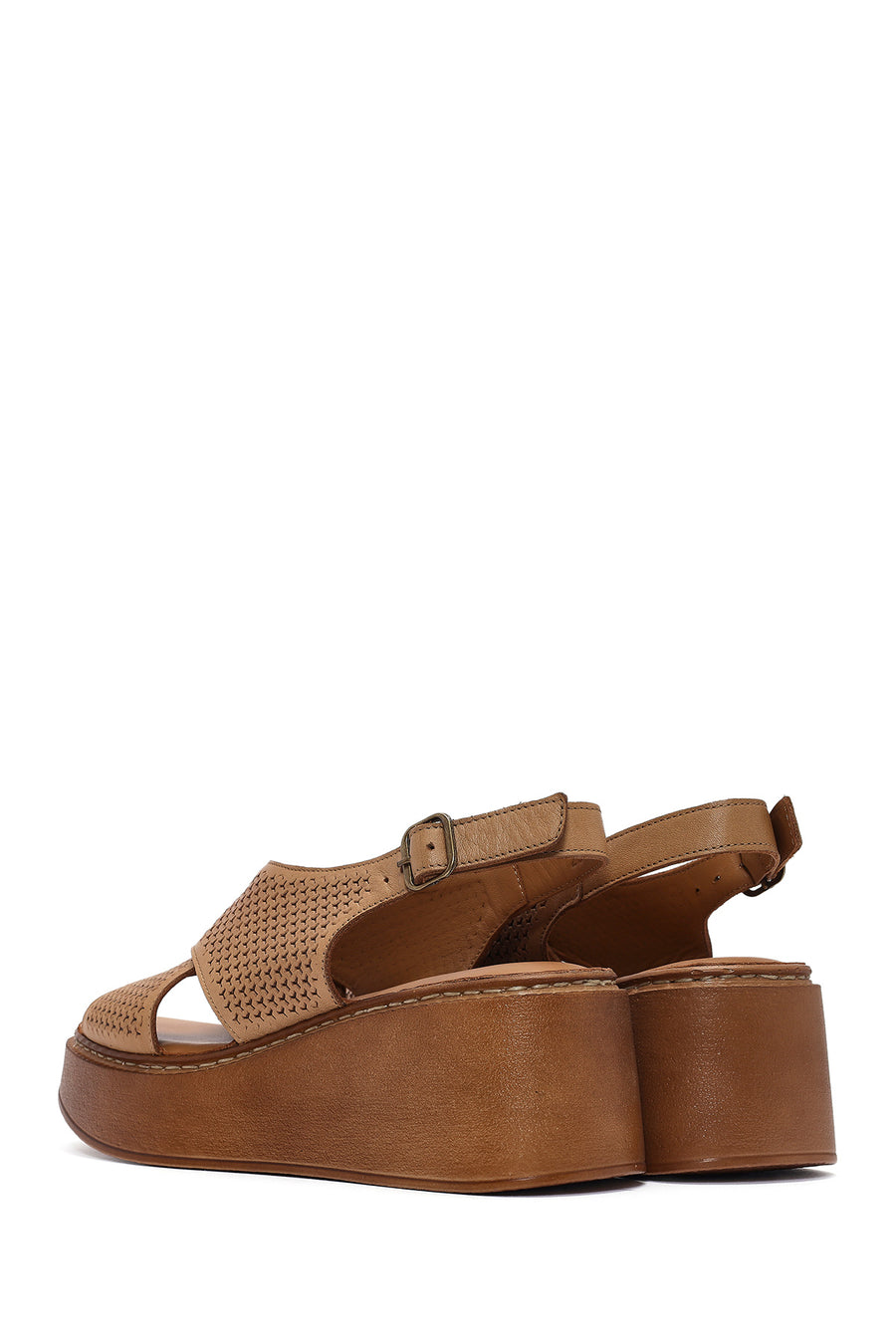 Women's Tan Ankle Strap Printed Wedge Heel Leather Comfort Sandals