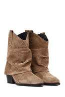 Women's Beige Short Thick Heel Suede Leather Cowboy Boot | Derimod