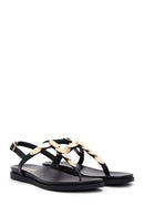 Women's Black Ankle Strap Flip Flop Leather Sandals | Derimod