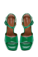 Women's Green Patent Leather Thick Heeled Sandals | Derimod