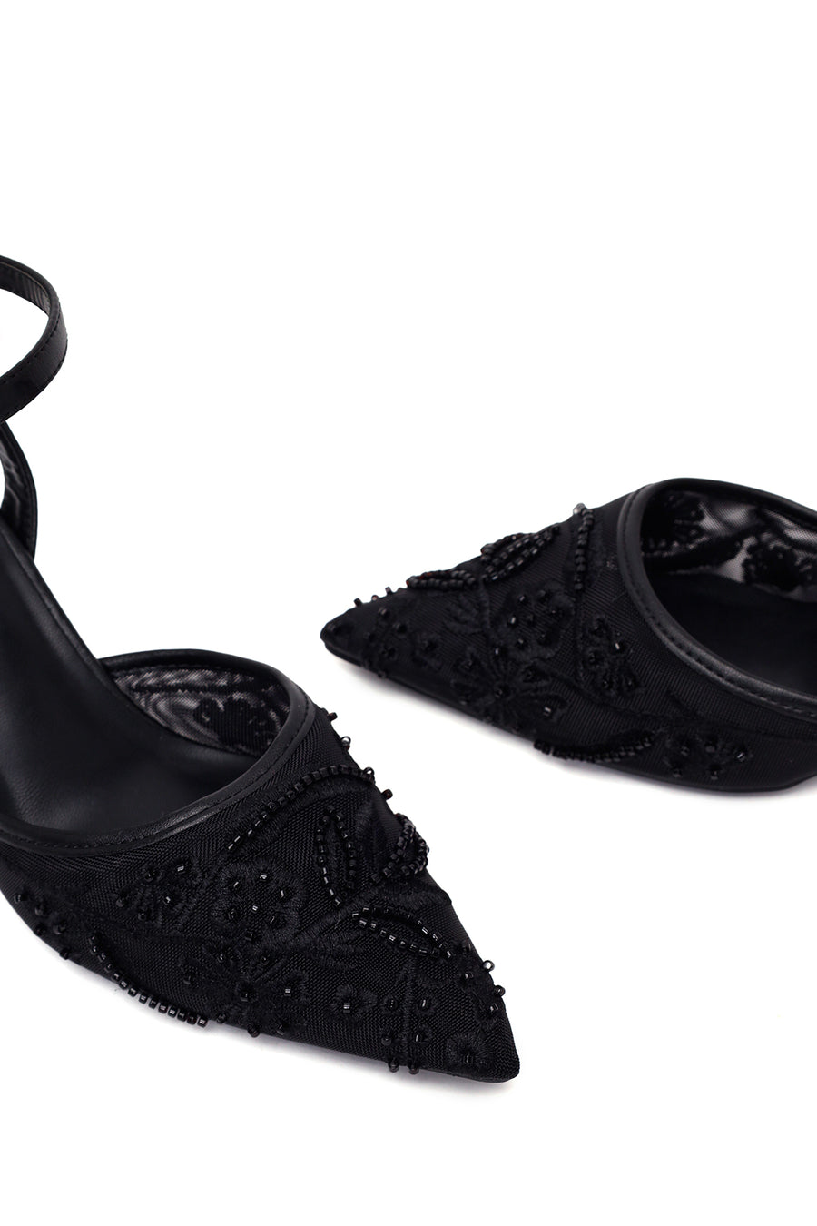 Woman Black Ankle-Buckle Floral Embroidered Open-Back Thin High Heel