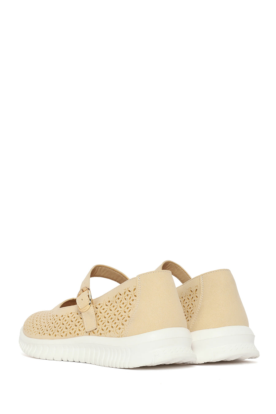 Woman Beige Patterned Suede Comfort Buckle Shoes