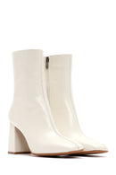 Women's Cream Zippered Thick Heeled Leather Boots | Derimod