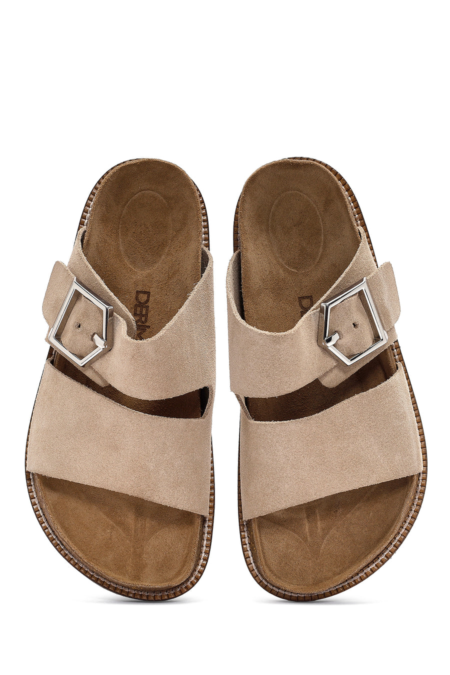 Women's Beige Buckle Suede Leather Slippers