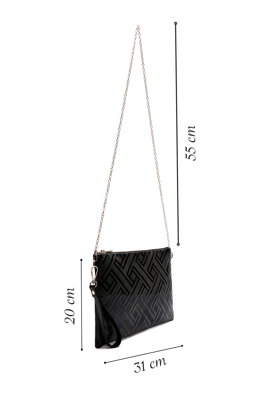 Woman Black Chain Strap Patterned Patent Leather Clutch Bag
