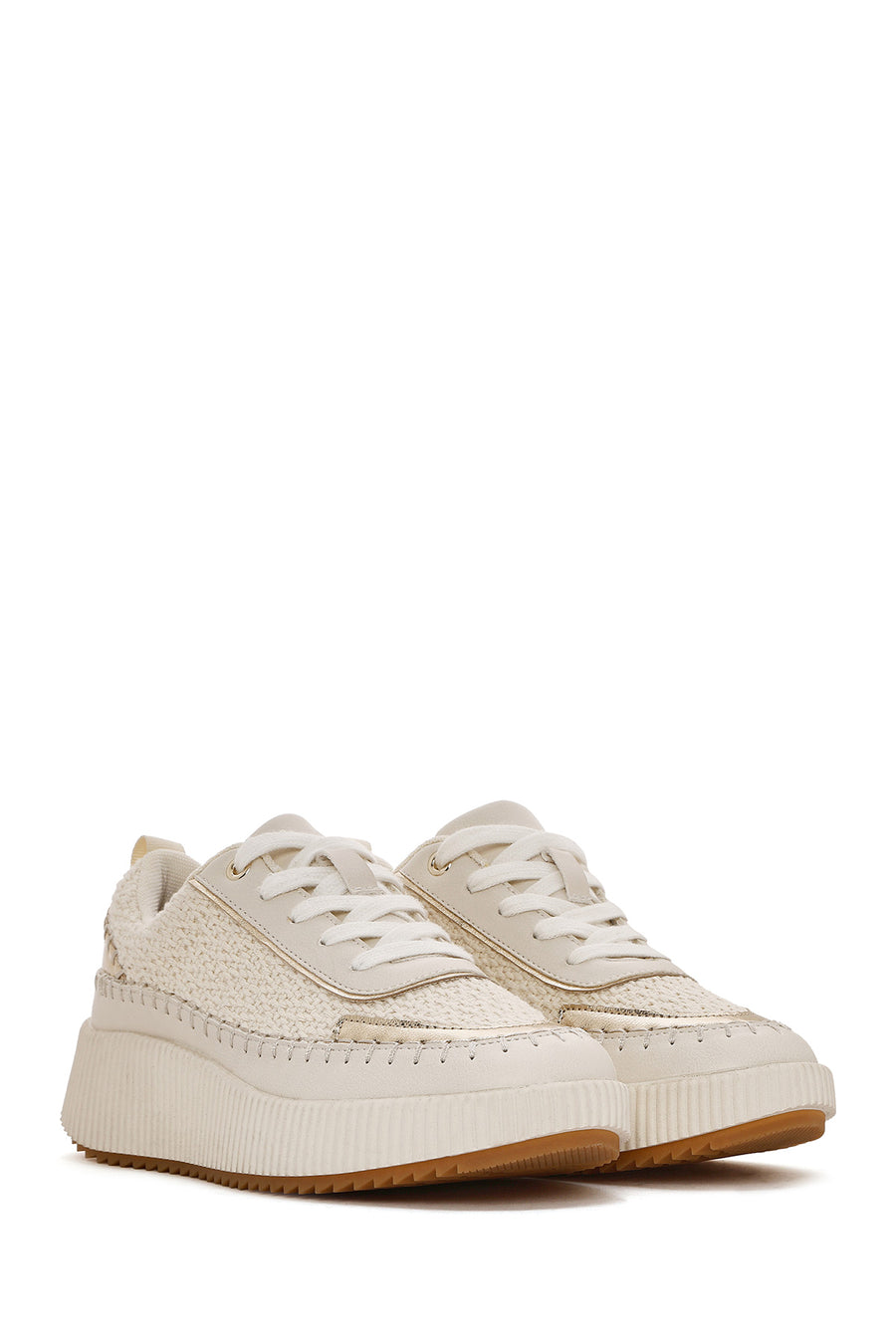 Women's Beige Lace-Up Thick-Sole Knitted Sneakers
