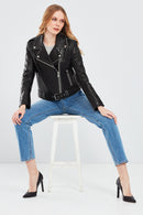 Angel Women's Black Biker Leather Jacket | Derimod