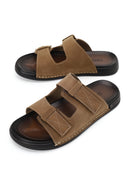 Male Beige Strapped Nubuck Leather Slipper | Derimod