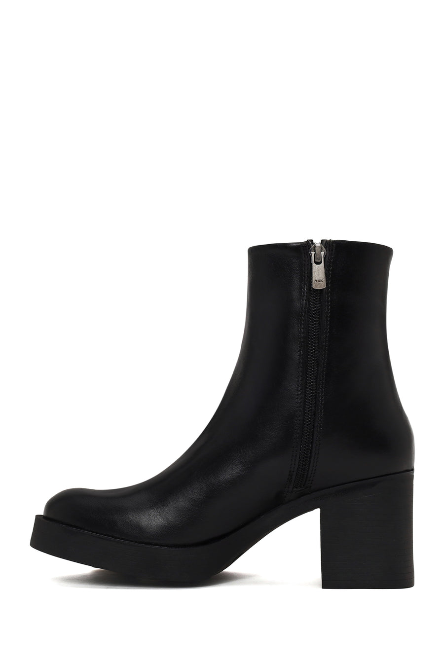 Woman Black Zip Closure Platform Chunky Heeled Leather Boots