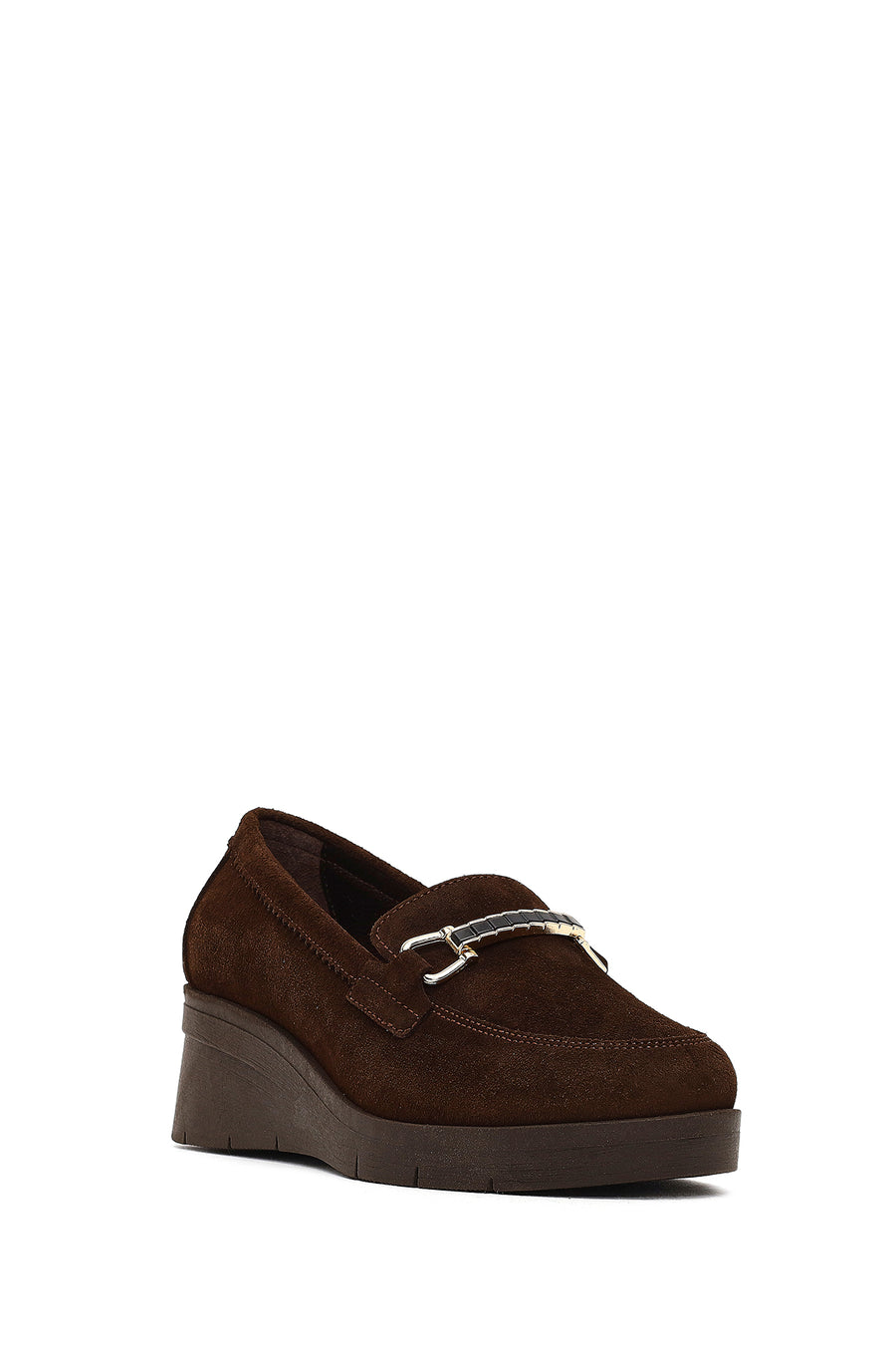 Kadın Kahverengi Tokalı Dolgu Topuklu Süet Deri Comfort Loafer