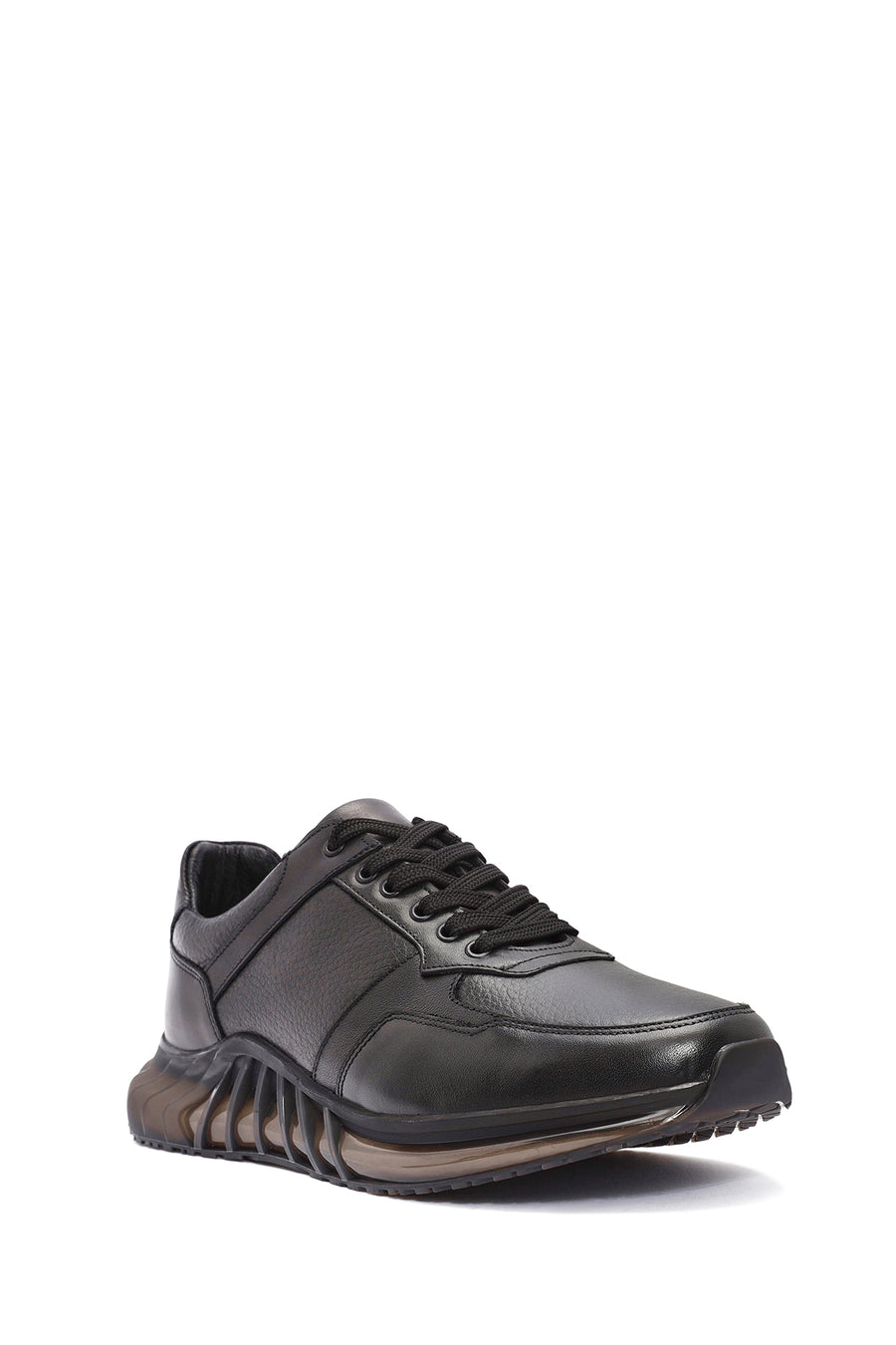Erkek Siyah Bağcıklı Deri Casual Sneaker