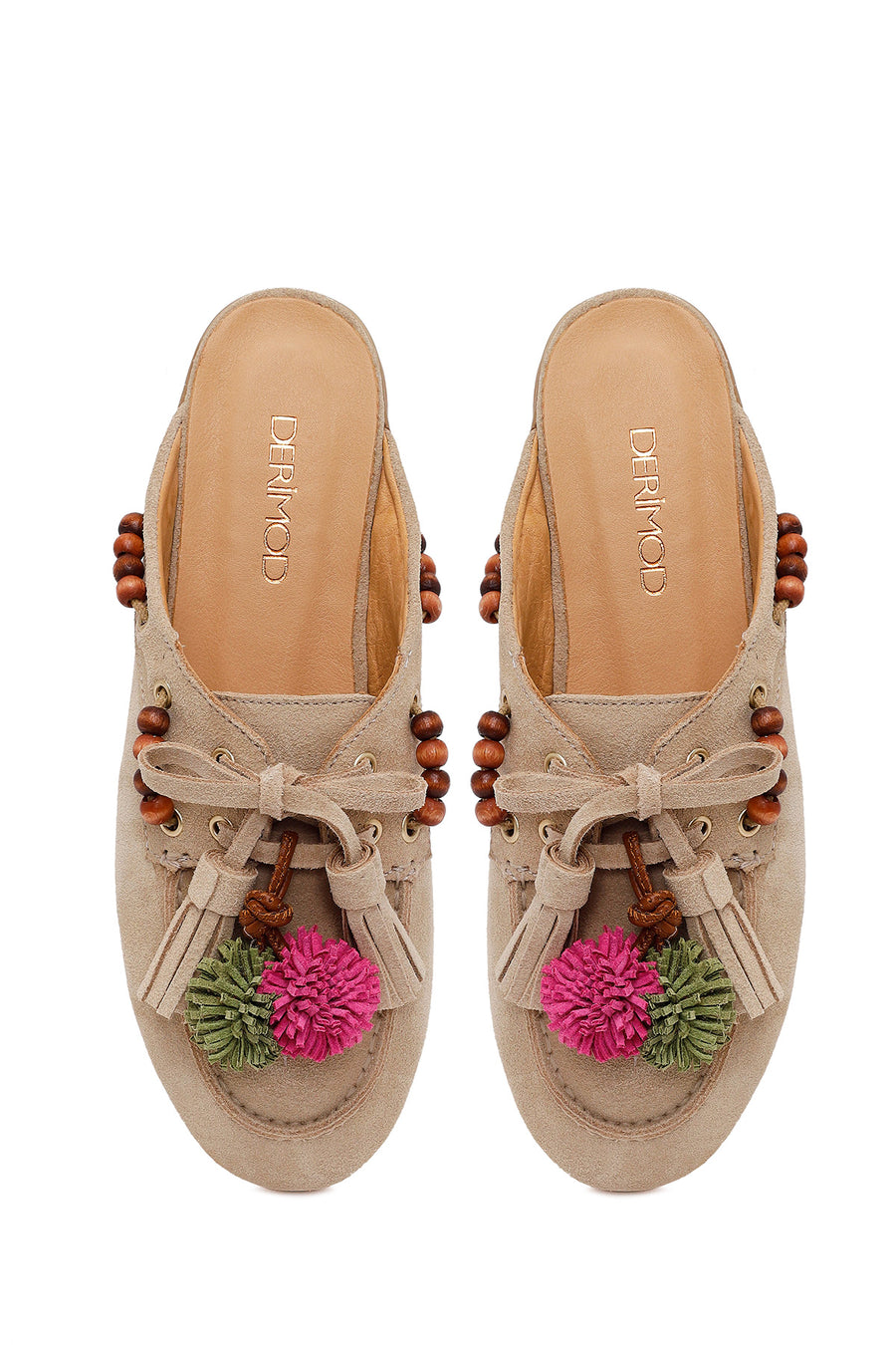 Woman Beige Tassel Suede Mule Slipper