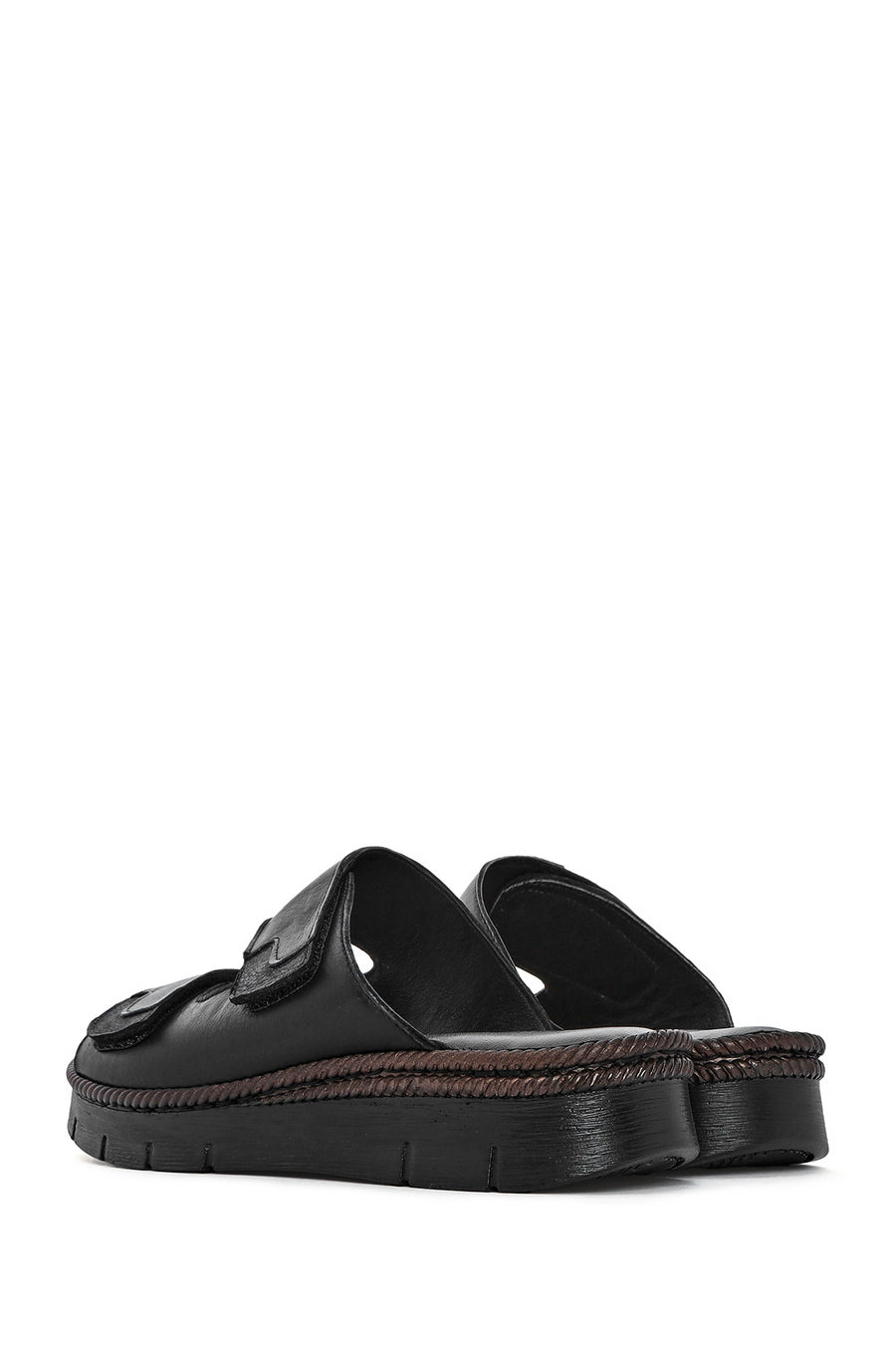 Woman Black Double Banded Leather Comfort Slippers