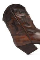 Women's Brown Short Chunky Heel Leather Cowboy Boots | Derimod