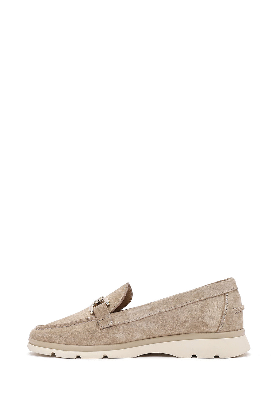 Women's Beige Buckle Detailed Suede Leather Comfort Loafer