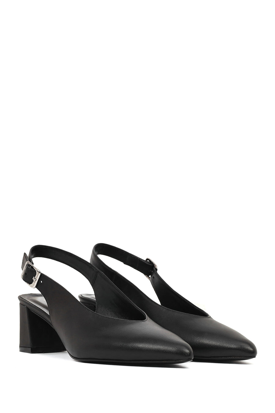 Women's Black Open Back Chunky Heel Leather Shoes