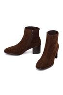 Woman Brown Zip Closure Printed Thick-Heeled Suede Boots | Derimod
