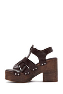 Women's Brown Thick Heeled Buckle Leather Sandals | Derimod