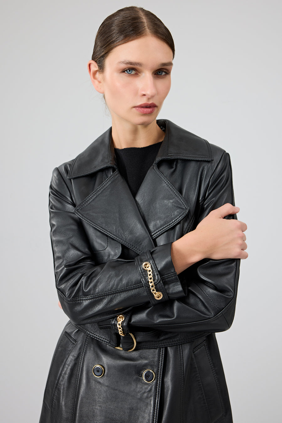 Jenny -X Women's Black Belt Detailed Leather Trench Coat