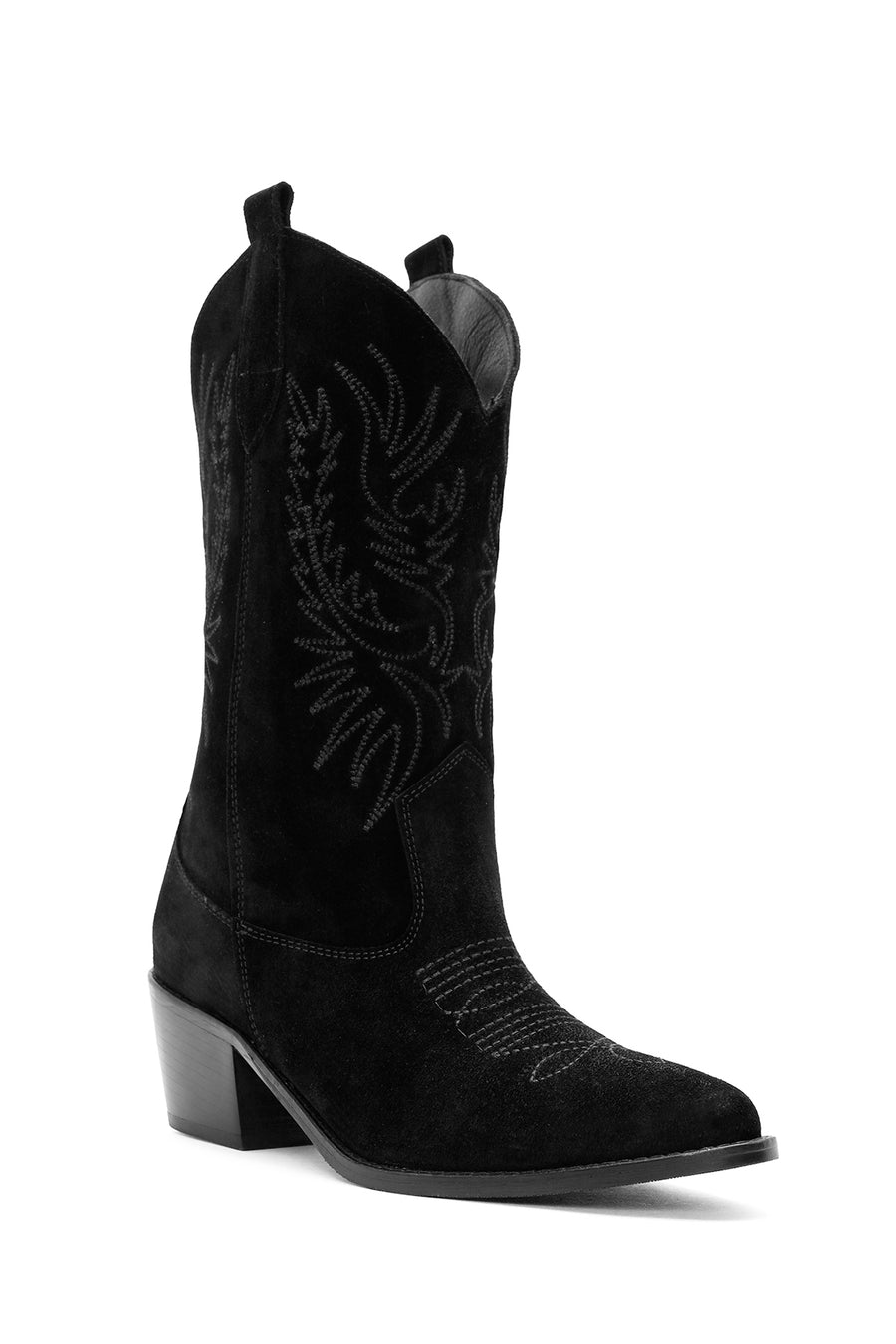 Women's Black Suede Leather Heeled Cowboy Boots