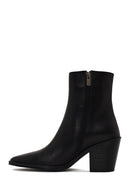 Woman Black Zip Closure Thick-Heeled Leather Boots | Derimod