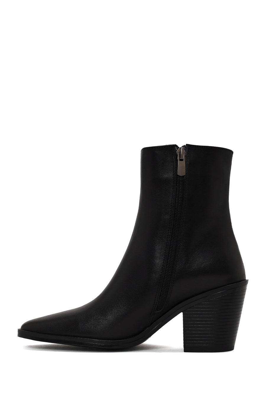 Woman Black Zip Closure Thick-Heeled Leather Boots