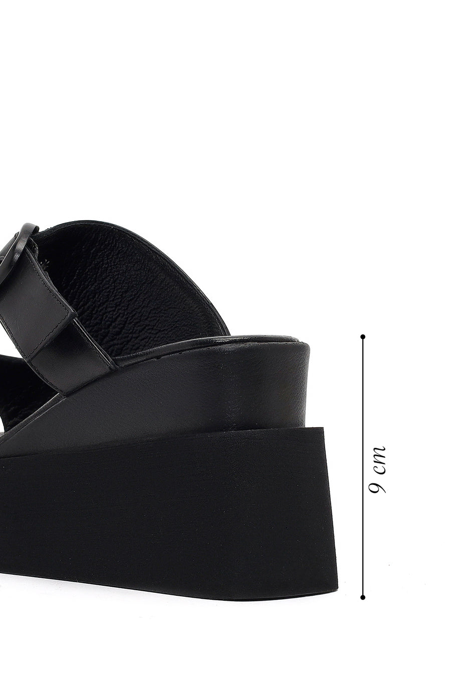 Women's Black Buckle Platform Leather Slippers