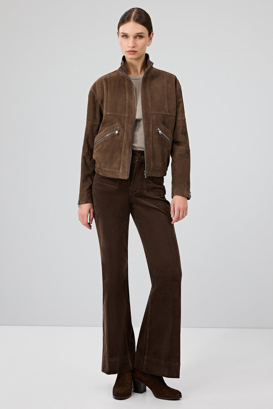 Gina Women's Brown Stand Collar Oversize Short Suede Leather Jacket