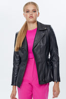 Mayfair Kadın Siyah Uzun Biker Deri Ceket | Derimod